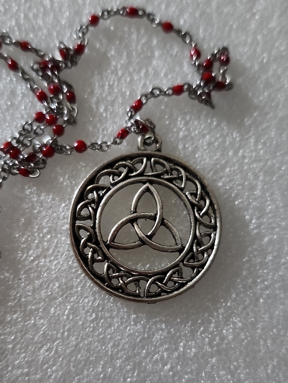 Hand Crafted Silver Celtic Trinity Knot Pendant with Red Beaded Chain